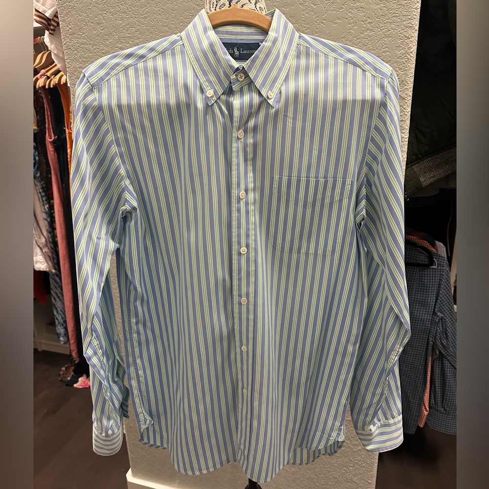 Ralph Lauren Men's Blue and Green Striped Button-Down Shirt